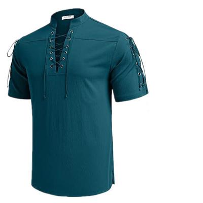 Men's Beach Shirt Short Sleeve Lace Up Hippie T-shirt Cotton Linen Bandage V-neck Pirate Shirts