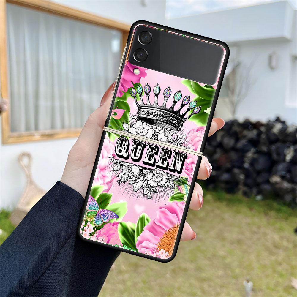 Luxusní pouzdro pro Samsung Galaxy Z Flip 4 3 5G černé PC pevné pouzdro na telefon módní zadní kryt ZFlip Funda princezna máma královna skořápka