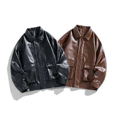Black Fashionable Coat Lapel Casual Spring and Autumn New Loose Men's Motorcycle Leather Jacket