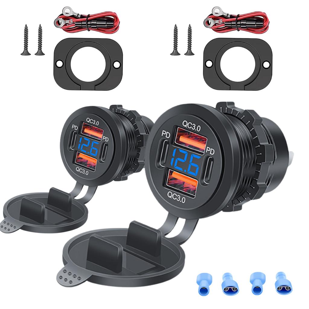 96W PD3.0 + QC3.0 4-Port Fast Car Charger with LED Display - iPhone Samsung Huawei Compatible Waterproof