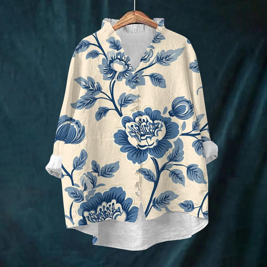 Women's Loose Ruffled Retro Floral Print Stand Collar Long Sleeve Cotton And Linen Top