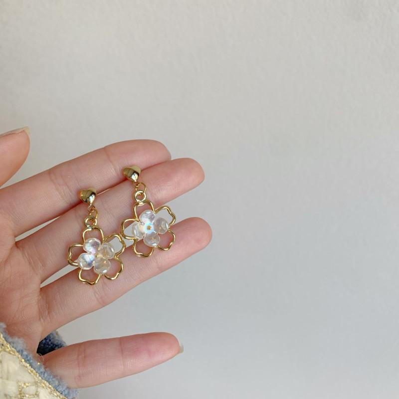 Alloy Silver Needle French Iridescent Hollowed-Out Shell Pearl Flower Earrings Trendy Girlish Simple Fresh Style