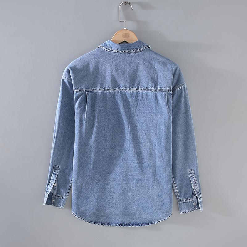 Autumn Men's Retro Light Denim Long Sleeve Shirt with Double Pockets