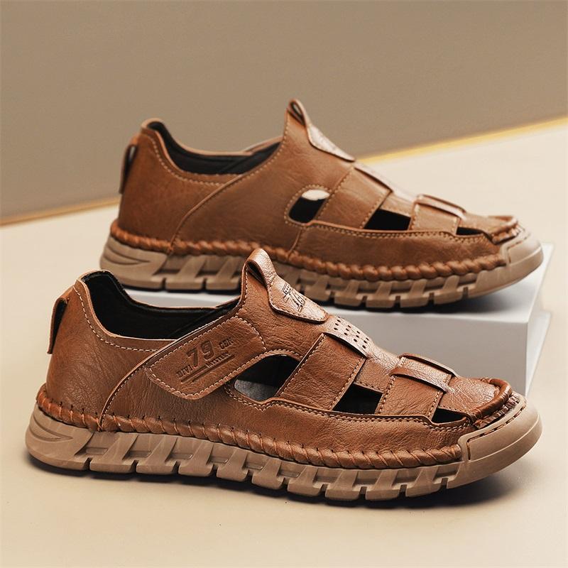 

Зшиті вручну літні чоловічі сандалі. Дихаючі чоловічі пляжні сандалії для відпочинку 46 коричневий