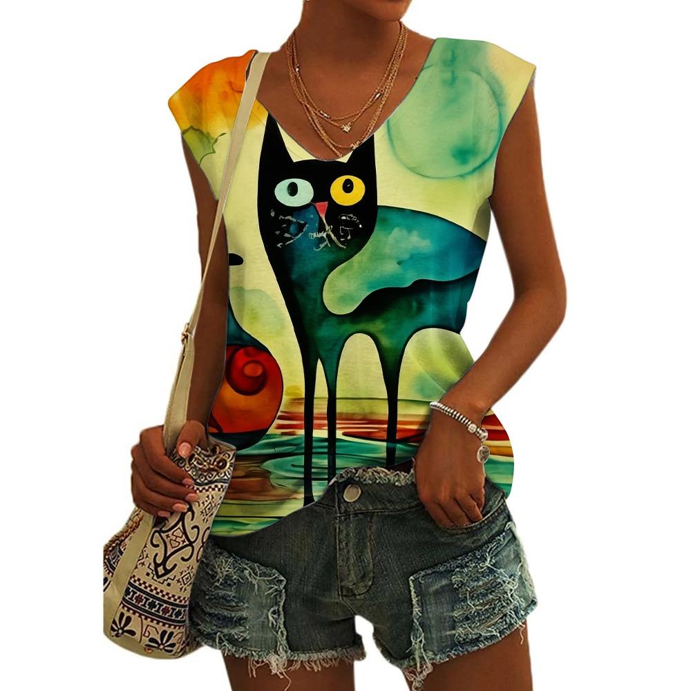 Women's Sleeveless T-shirts 3d Abstract Cat Print Vest Loose V-Neck T-shirts & Blouse Summer Breathable Basic Tops Tees