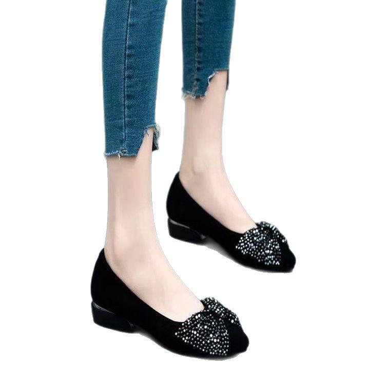 Spring 2025 Rhinestone Bow Low-Cut Women's Flats, Pointed Toe Slip-On Work Shoes with Chunky Heel