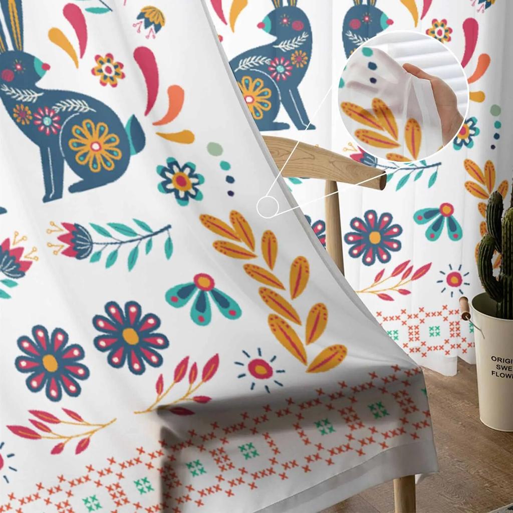 Easter Bunny Floral Boho Tulle Curtains for Living Room Sheer Curtain for Bedroom Kitchen Blinds Voile Curtains