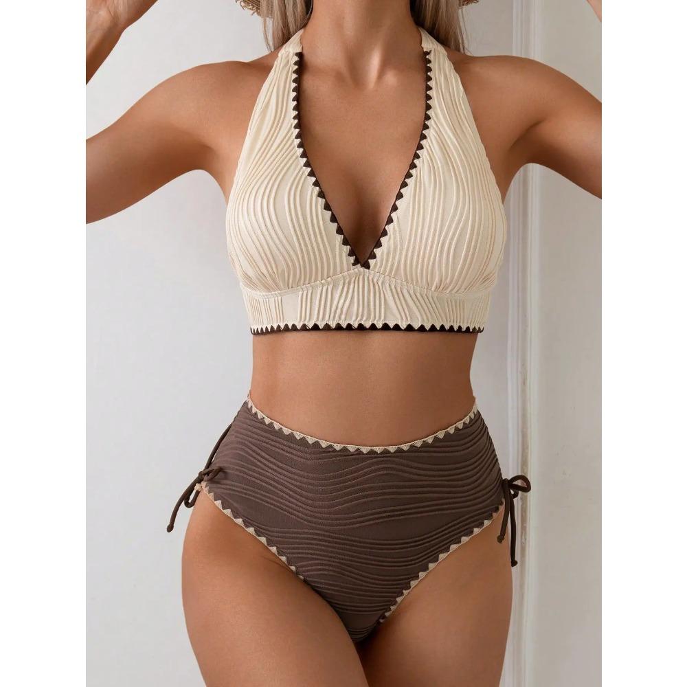 

Sexy Khaki Patchwork Two Piece Bikini Set 2026 Women Push Up Drawstring Side High Waist Swimsuit Holiday Bathing Suit Swimwear XL кавовий