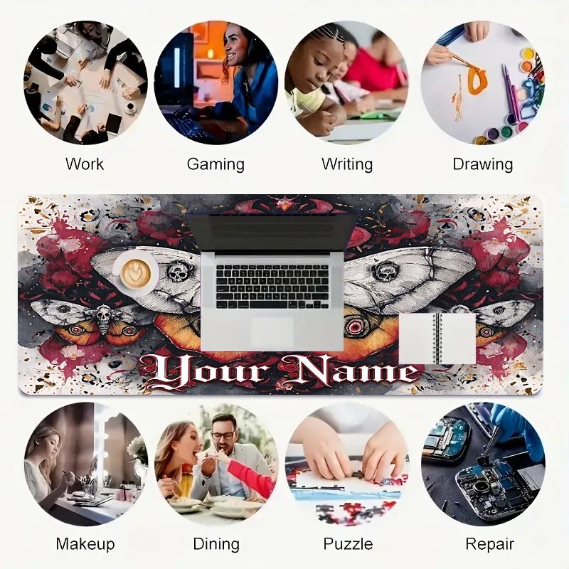 Custom 1Pc Gothic Skull Moth Tattoo Personalized Mouse Pad Non Slip Rubber Waterproof Desk Mat Stitched Edge Gaming Office Xmas Gift