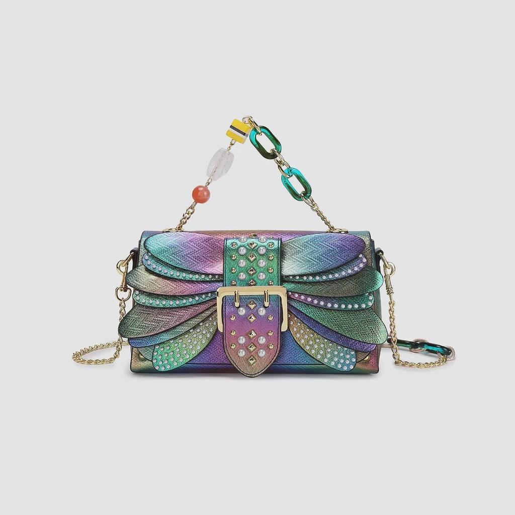 2024 Gradient Pearl Bag: Colorful Rivet, Dragonfly Wing Style, Leather Chain Shoulder and Evening Handbag