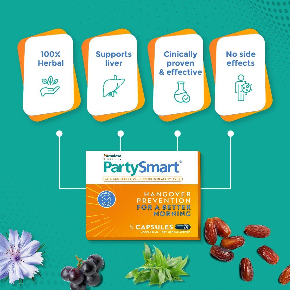 Himalaya PartySmart Herbal Capsules For Hangover Prevention, Supports Liver Health And Better Mornings, Safe And Clinically Proven 1 Box(5 x 5 cap)