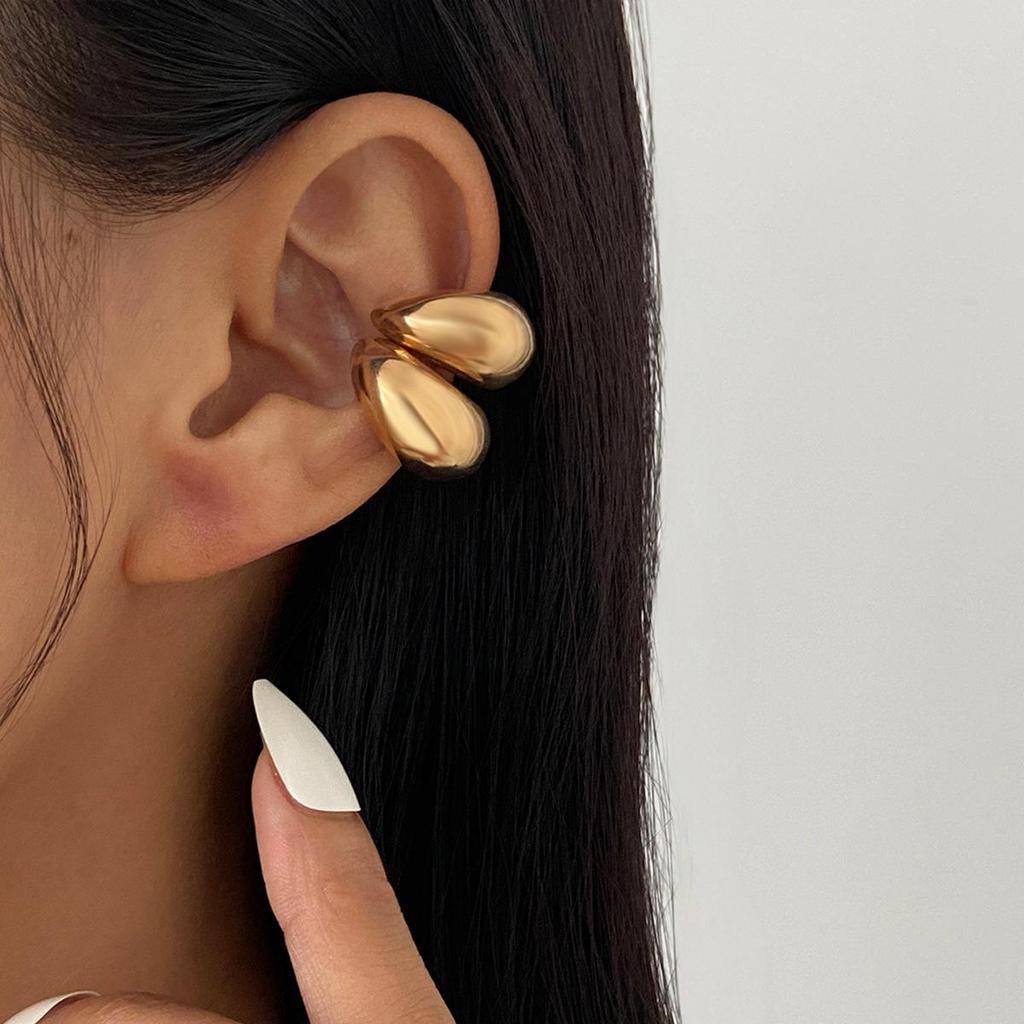 European & American Style Glossy Metal Water Drop Ear Clips: Geometric Pleated Circle Stud Earrings & Ear Cuffs.