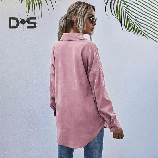 Spring Fall Coat with Chest Pockets Button-down Turn-down Collar Solid Color Corduroy Jacket Loose Casual Outerwear for Travel Work