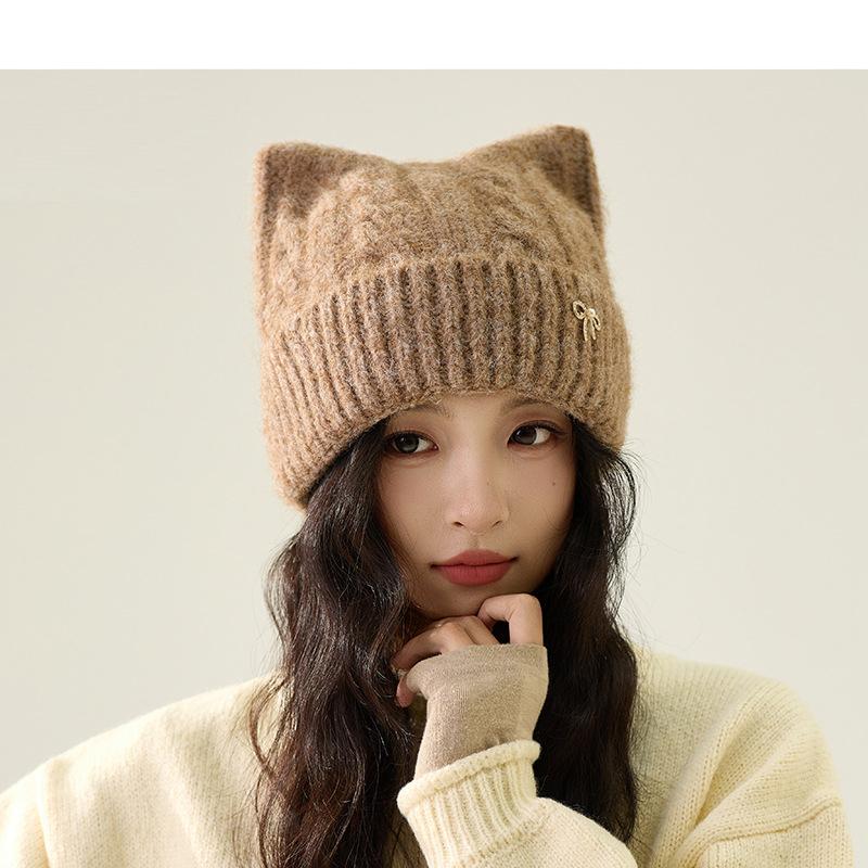 Cartoon Cat Ears Thick Knitted Hat Women's Bow Wool Hat Warm Hat