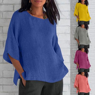 Women's Ladies Fashion Cropped Sleeves Round Neck Cotton Loose Shirt Blouse