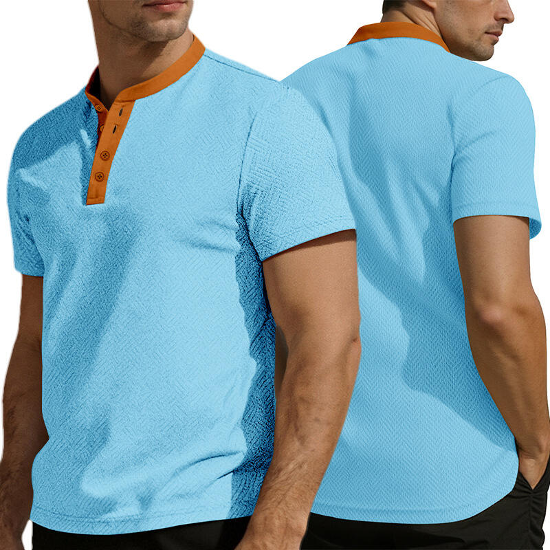 Summer Short Sleeve T-Shirt Round Neck Button Plaid Design Retro Style Men s Fashion Casual Tops S светло-синий