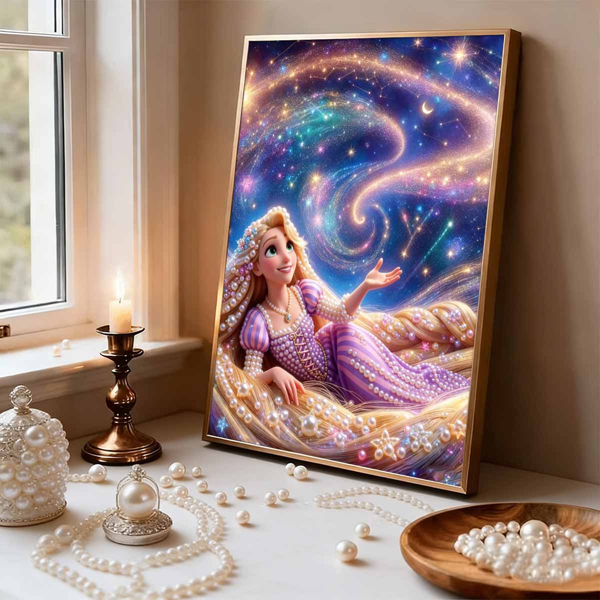 

Long-Haired Princess Pearl Inlaid Frameless Art | Galaxy Starry Sky & Constellation Elements | Whimsical Wall Decor for Kids Room & Nursery 35x45cm
