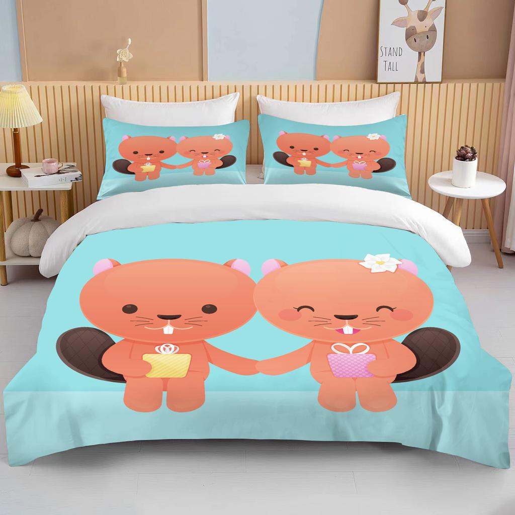 Niedliches Cartoon-Tierpaar Doppelbett-Bettdeckenset Bett Europäisches Bettwäscheset Heimtextilien Luxus-Kissenbezug Schlafzimmer-Bettwäscheset