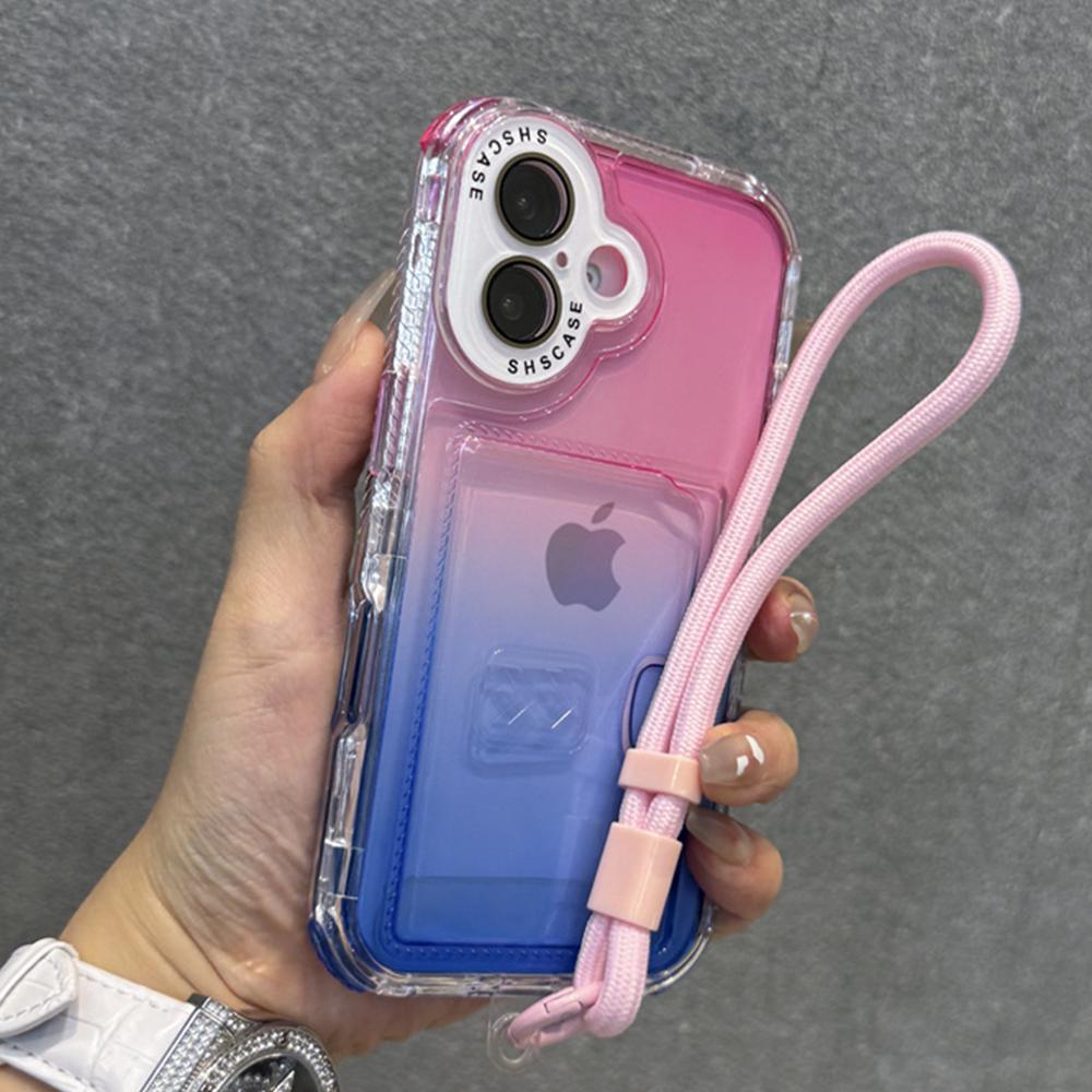 Gradient Slot Card Holder Wrist Strap Lanyard Phone Case For iPhone 15 16 Pro Max Plus 13 12 Air Cushion Bumper Protective Cover
