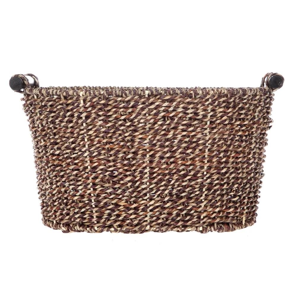 Oval Seagrass Storage Basket with Wooden Handles Brown Decorative Baskets Home Organization Woven Small Item Storage