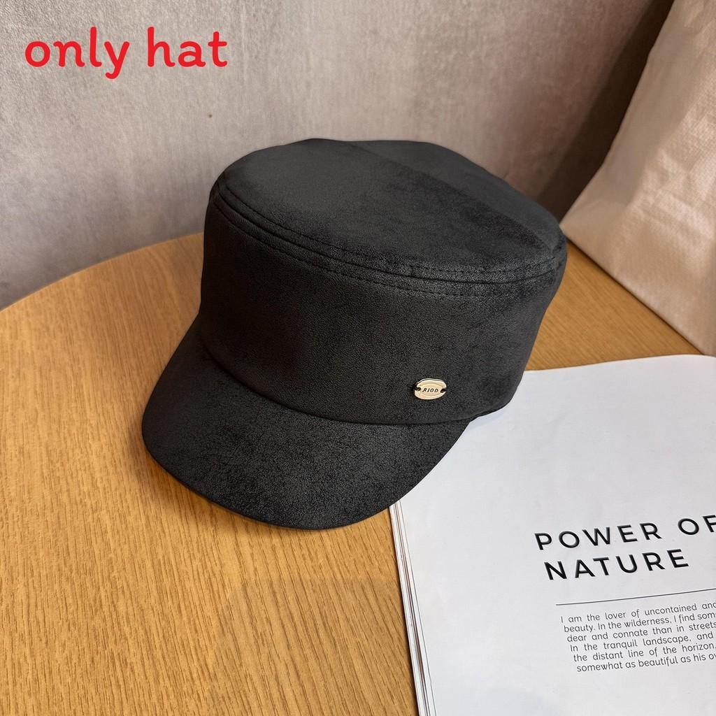 Simple Solid Color Gold Logo Decor Women Casual Suede Beret Hat Fall For