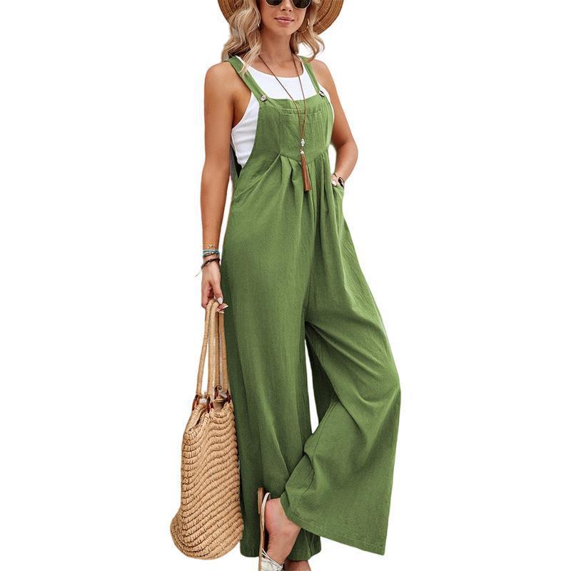 Overalls mit weitem Bein für Damen, lässig, aus Baumwolle und Leinen, lockerer Umstands-Jumpsuit für den Sommer und den Strand