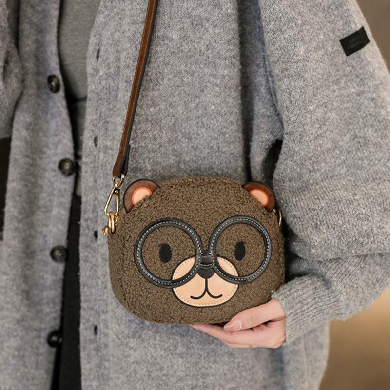 Korean Retro Cute Bear Crossbody Bag Women Brown Plush Small Capacity Mini Shoulder Bag Ladies Cartoon Round Versatile Purse New
