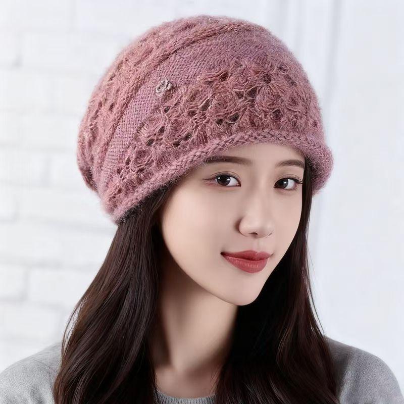 Mom Style Large Head Circumference Knit Cap With Geometric Pattern For Winter Fashion Pink