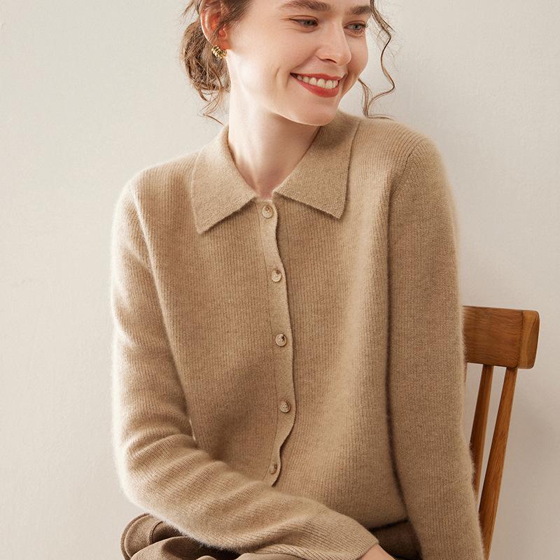 Women's Slim Fit Cashmere Polo Collar Cardigan - Comfortable Knitwear Coat for Autumn/Winter Fashion