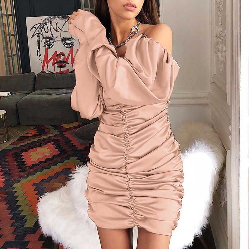 Summer Sexy Off Shoulder Long Sleeve Dress For Women Folds Patchwork Slim Mini Pullover Dresses Lady Deep V Neck Backless Elegant Evening Dress Female