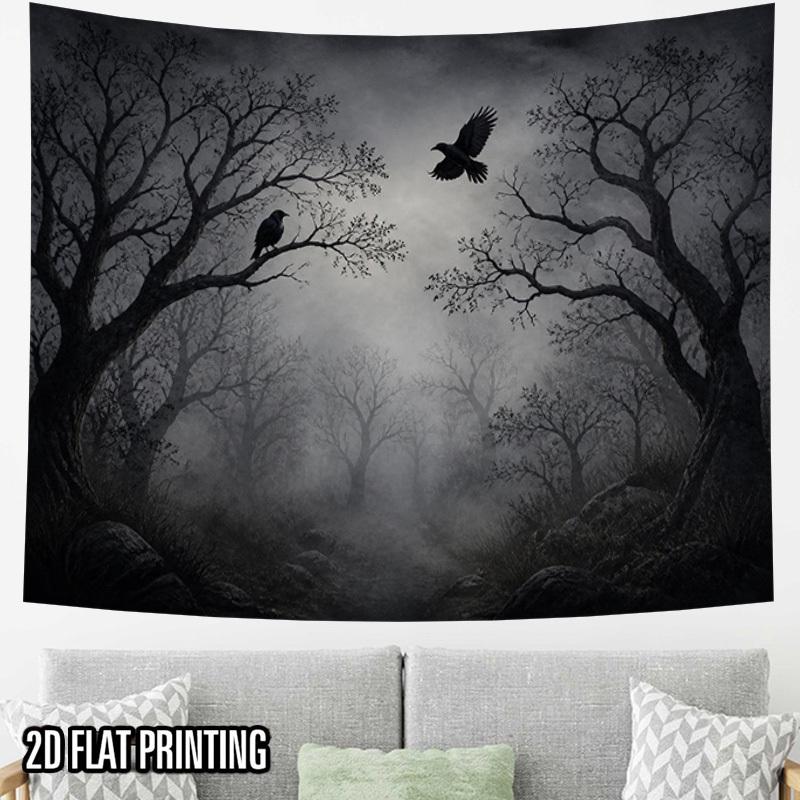 2D Flat, 1pc Large Gothic Crow Tapestry Wall Hanging - Dark Forest Suitable for, Horizontal Bare Tree Branches with Crows, Large Horizontal Gothic Clo