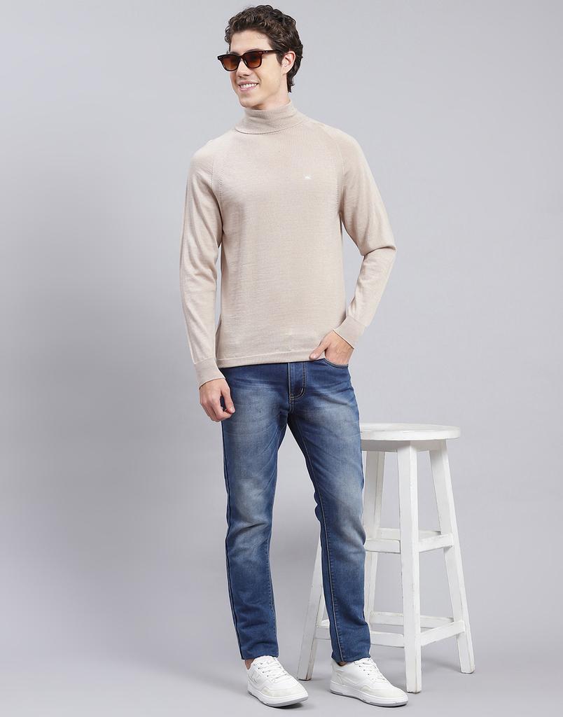 MONTE CARLO Mens Solid Beige High Neck Full Sleeve Pullover