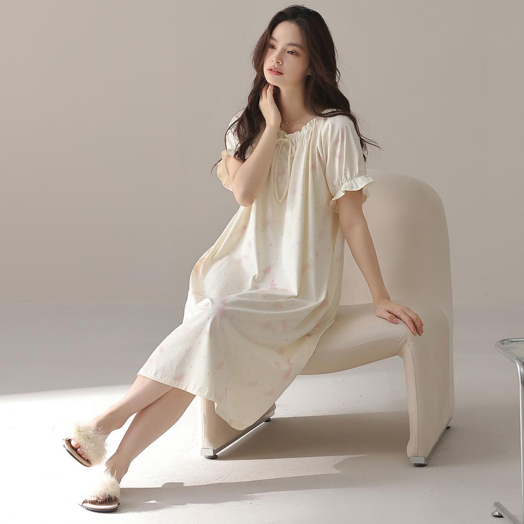 Summer Modal Short-sleeved Nightgown Women's Loose, Sweet and High-end Sense Can Be Worn Outside Medium and Long Over the Knee New Loungewear