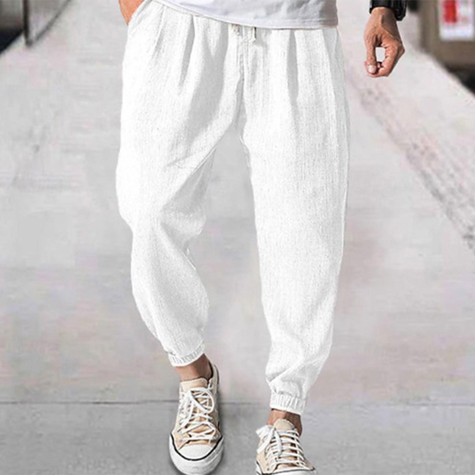 

Men s Linen-Cotton Casual Trousers - Elastic Waist Drawstring, Breathable, Ankle-Cuffed Solid Color Pants XXL білий