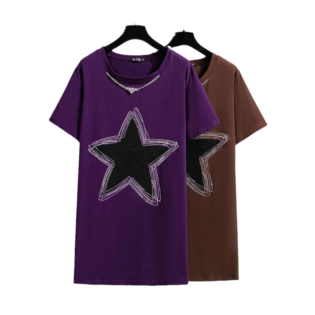 Summer Plus Size Women's T-shirt Loose Round Neck Fashion Star Medium Long Short Sleeve Top