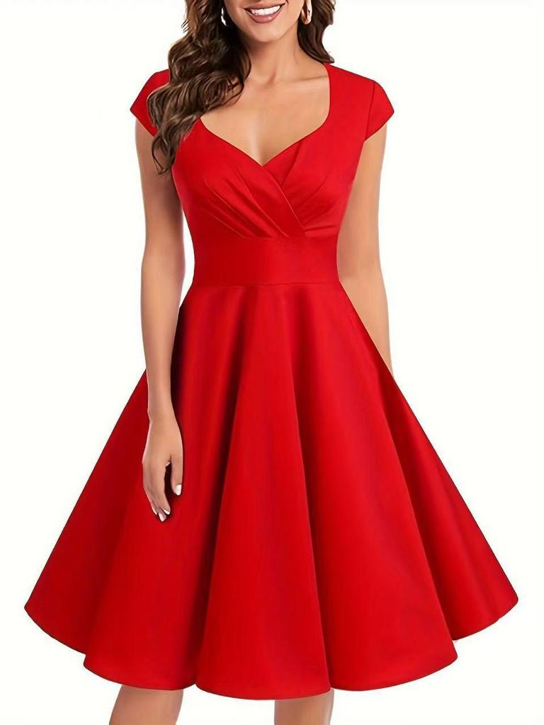 Elegant Retro Women's V-neck Waist-cinching Wide-hem Dress - Solid Color Fashionable Light Luxury