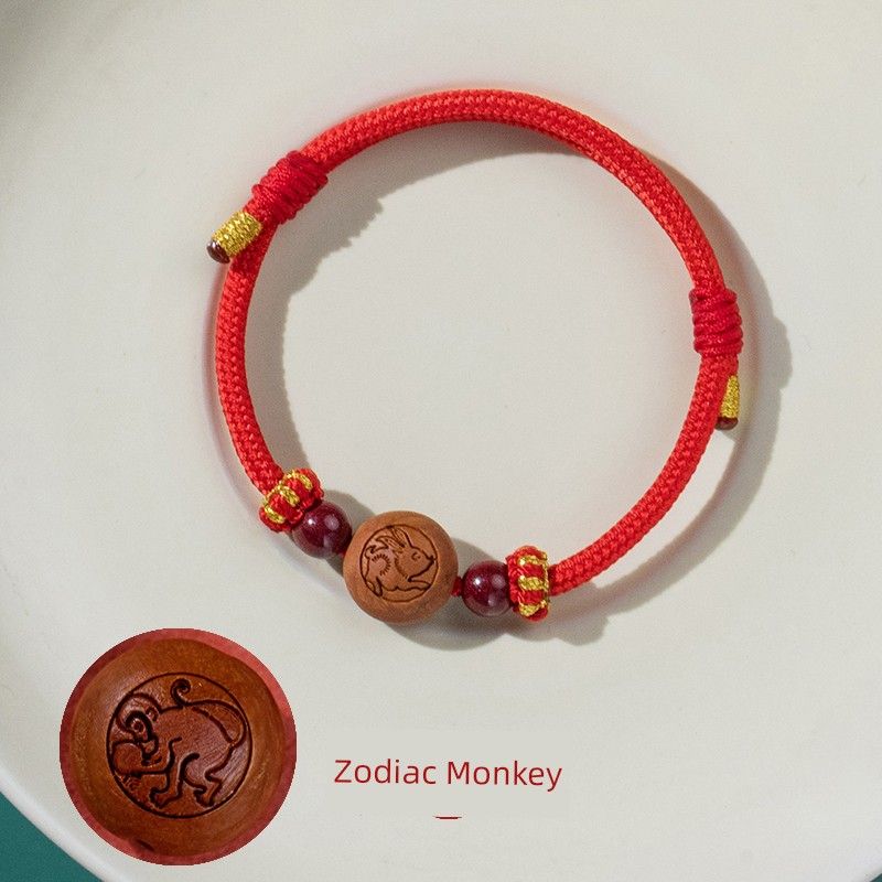 

Браслет из натурального персикового дерева с горы Путо для детей, красная веревочка, талисман из персиковой косточки года рождения и киновари, бусины на удачу, детская переноска Zodiac Monkey-[Body Transport]]