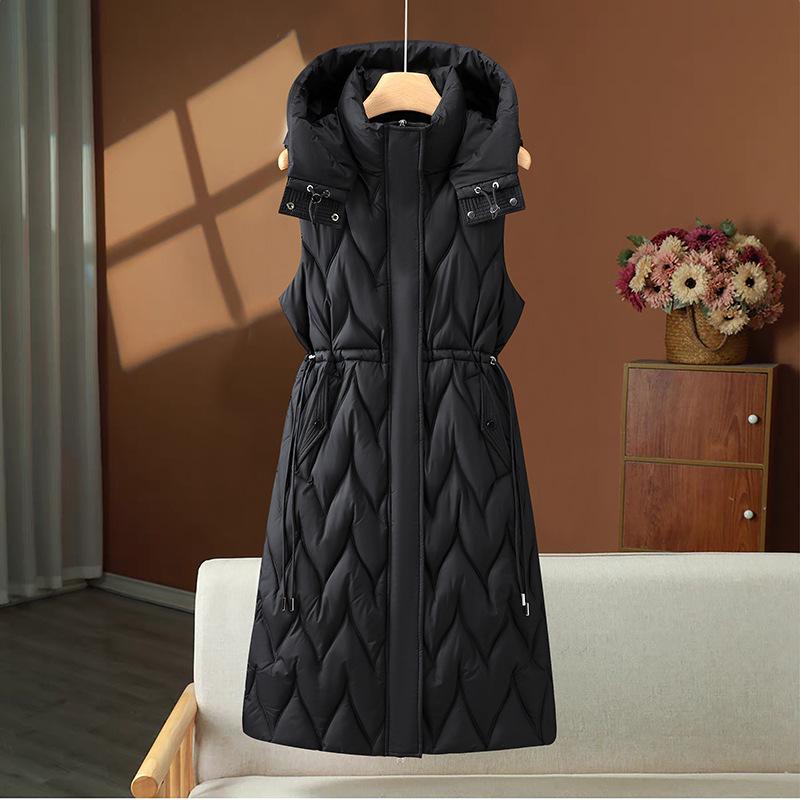 Medium and long over-knee cotton vest jacket for women's autumn and winter hooded fashion casual warm vest waist vest