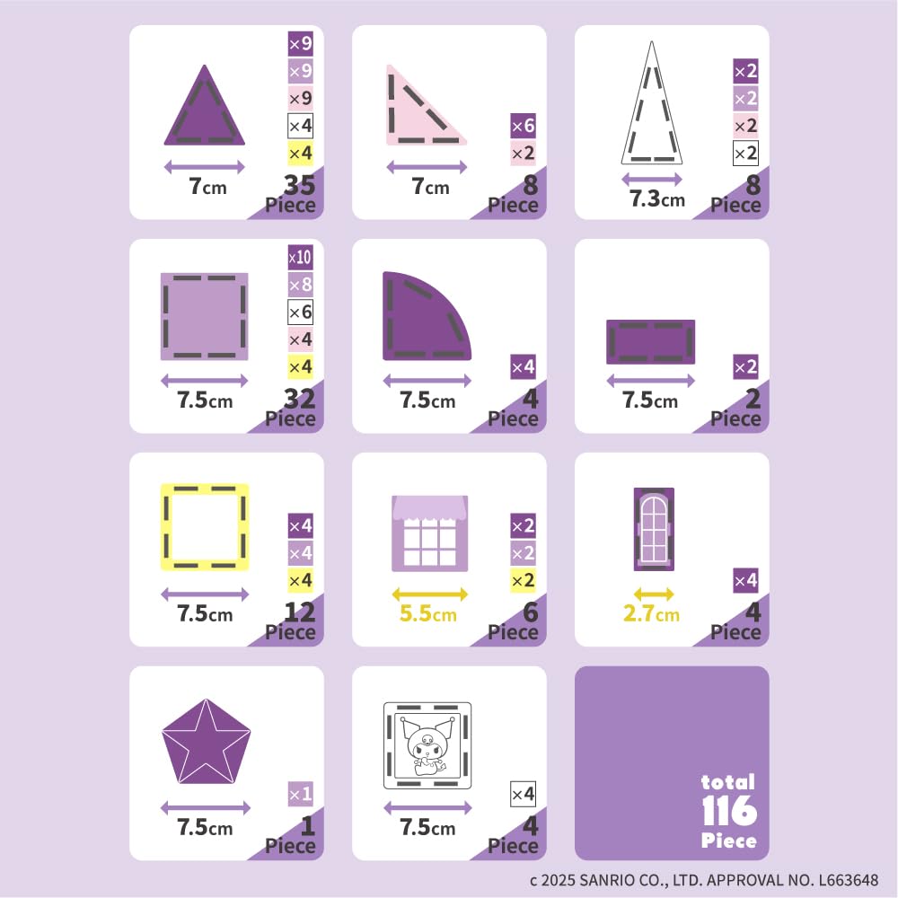Magnetic Blocks Kuromi Pitapale Sanrio Characters Educational Toy 116 Pieces with Storage Box and Japanese Guidebook Magnetic Blocks Ages 8 Toddlers
