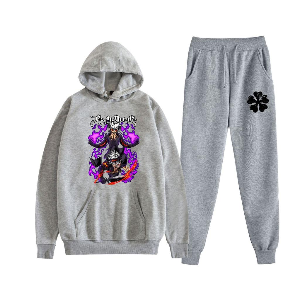 Europe, America, Autumn and Winter Black Four-leaf Clover Peripheral Two-dimensional Men's and Women's Leisure Sports Fleece Hooded Sweater Set 