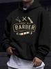 American Western Style Unisex Autumn Winter Print Hooded Long Sleeve Sweatshirt, Retro BARBER Text Print Hoodie, American Barber Culture Casual Style,
