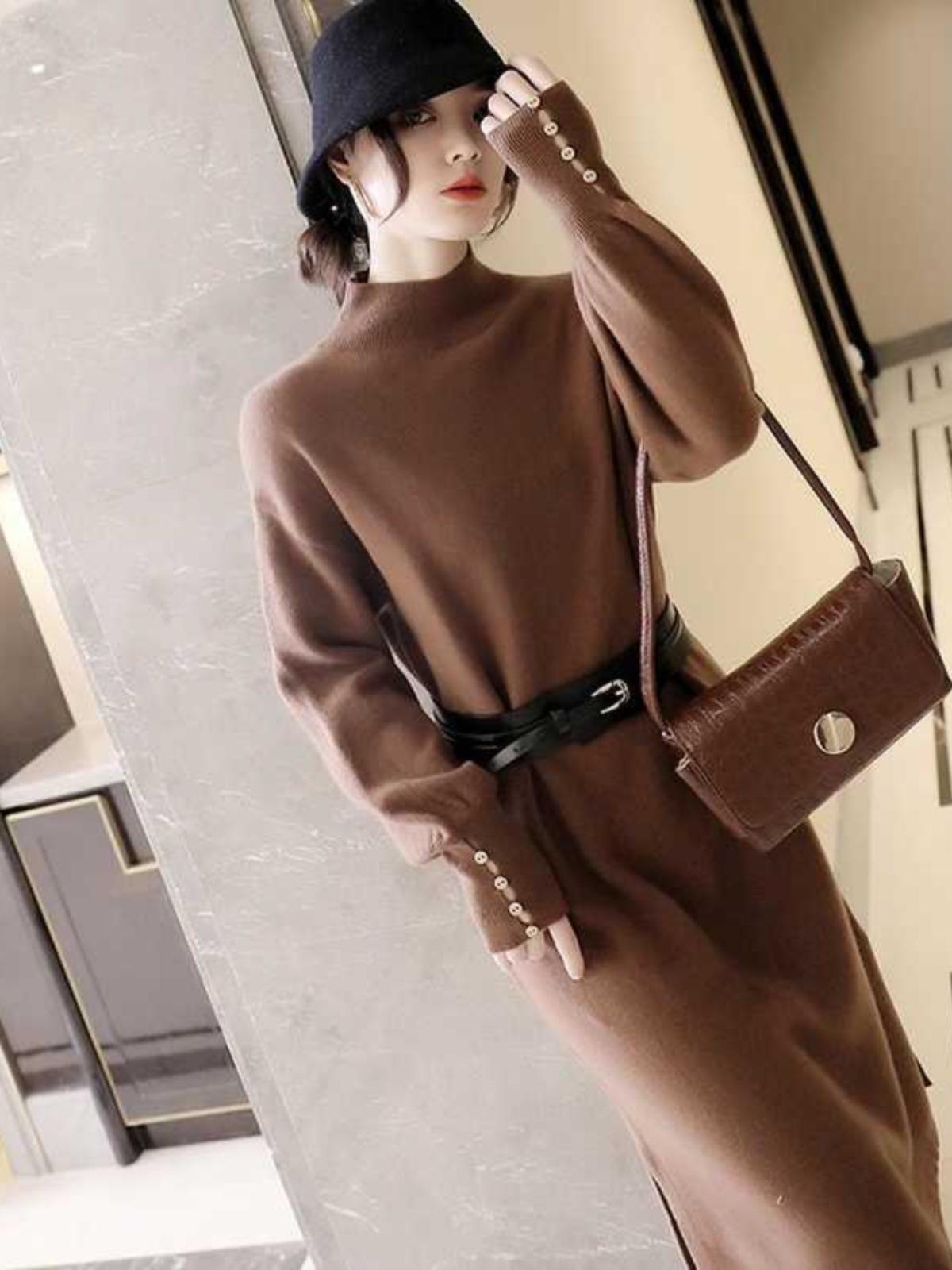 

Вязаное платье женское осенне-зимнее рукава-фонарики темперамент светская львица новинка пояс на талии полувысокое горло свитер длинное платье average size