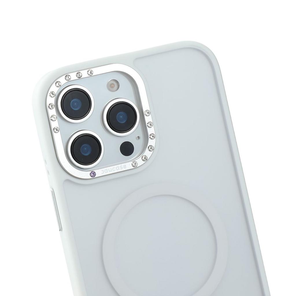 JAUCASE For iPhone 15 Pro Max Magnetic Case Rhinestone Decor Lens Frame TPU+PC Phone Back Cover