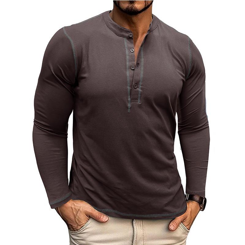 Mens Vintage Color Block Long Sleeve Crew Neck Henley T Shirt Casual Top