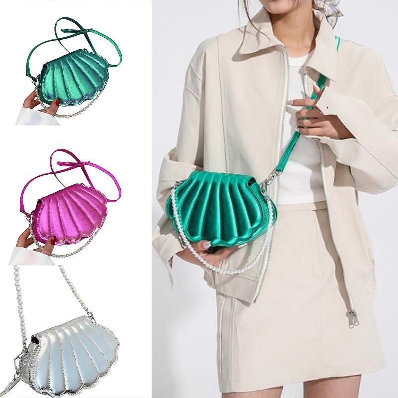 Women Shell Shape Shoulder Bag Female Beaded Handbag Purse PU Crossbody Bag Pearl Chain Tote Bag Lady Messenger Bag  Silver