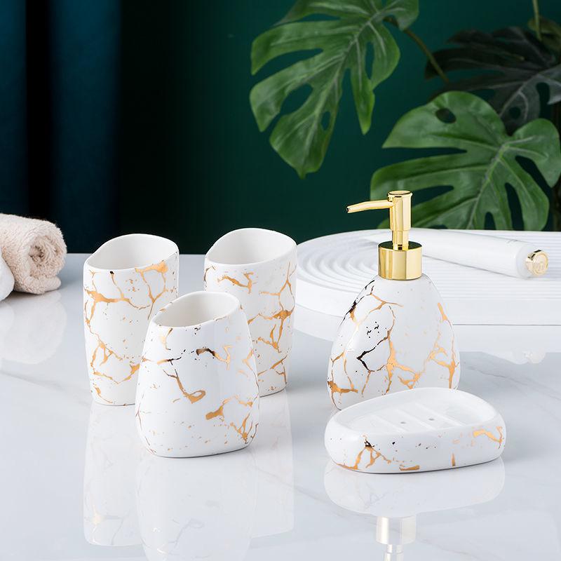 Gold Plated Marbled Ceramic Lotion Bottle Bathroom Supplies Mouthwash Cup Toothbrush Cup Soap Dish Set Hotel Wash Lotion Bottle