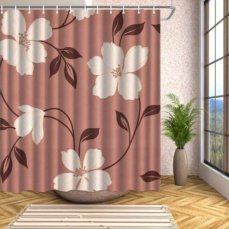 1pc White floral patterned shower curtain, polyester fabric, machine washable, with hooks, suitable for bathroom décor.