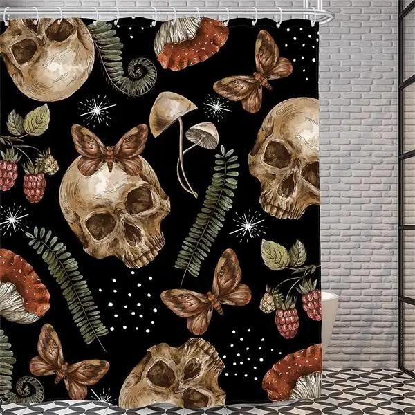 Floral Skull Shower Curtain Red Rose Flowers Skeleton Horror Halloween Bath Curtains Polyester Home Bathroom Decor with Hooks