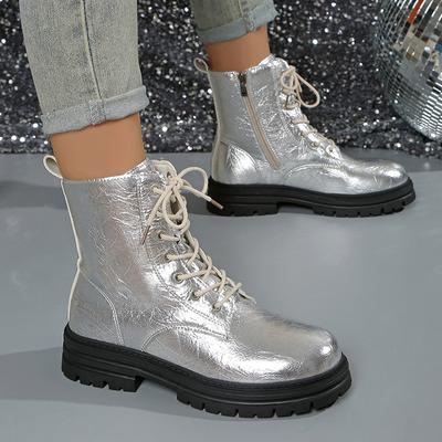 Fashion Lace Up Silver Ankle Boots Women Plus Size 42 Zipper Platform Boots Woman Autumn Winter Non Slip Thick Sole Shrot Booties Mujer
