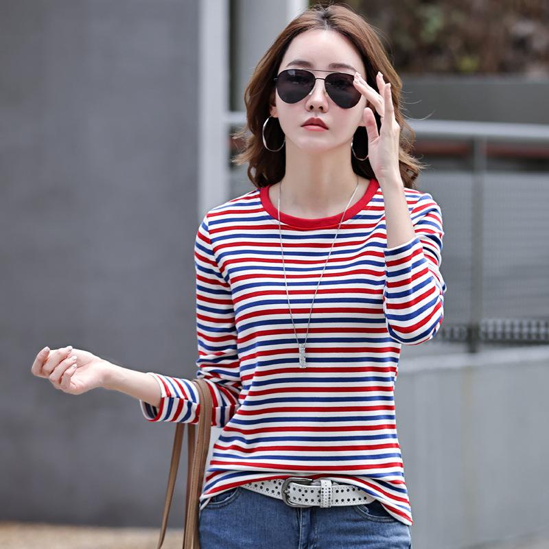 T-Shirt Woman Korea Loose Cotton T Shirt Women Casual Top Tee Green Black Striped Long Sleeve Tshirt Basic